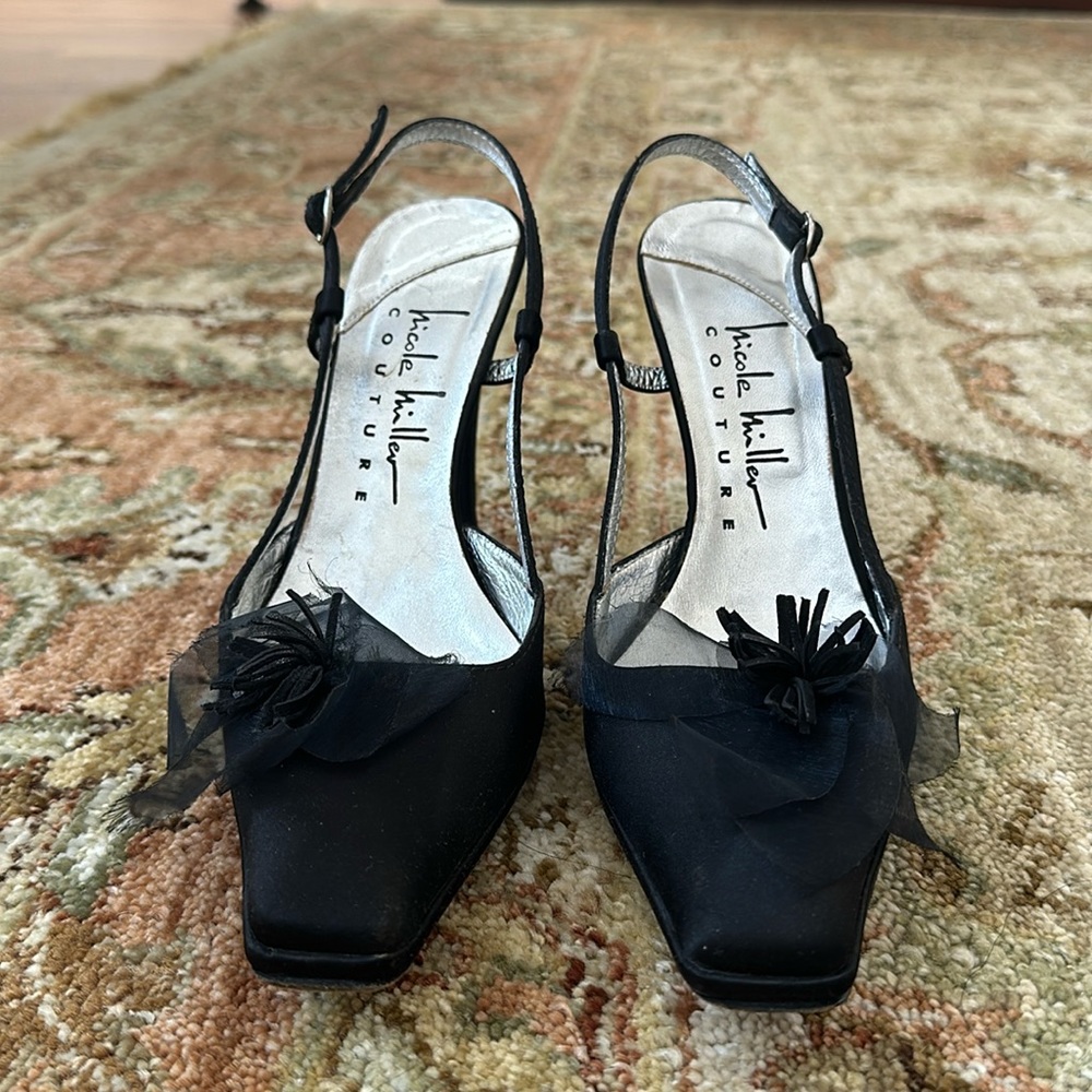 Nicole Miller Couture Black Satin Sling backs